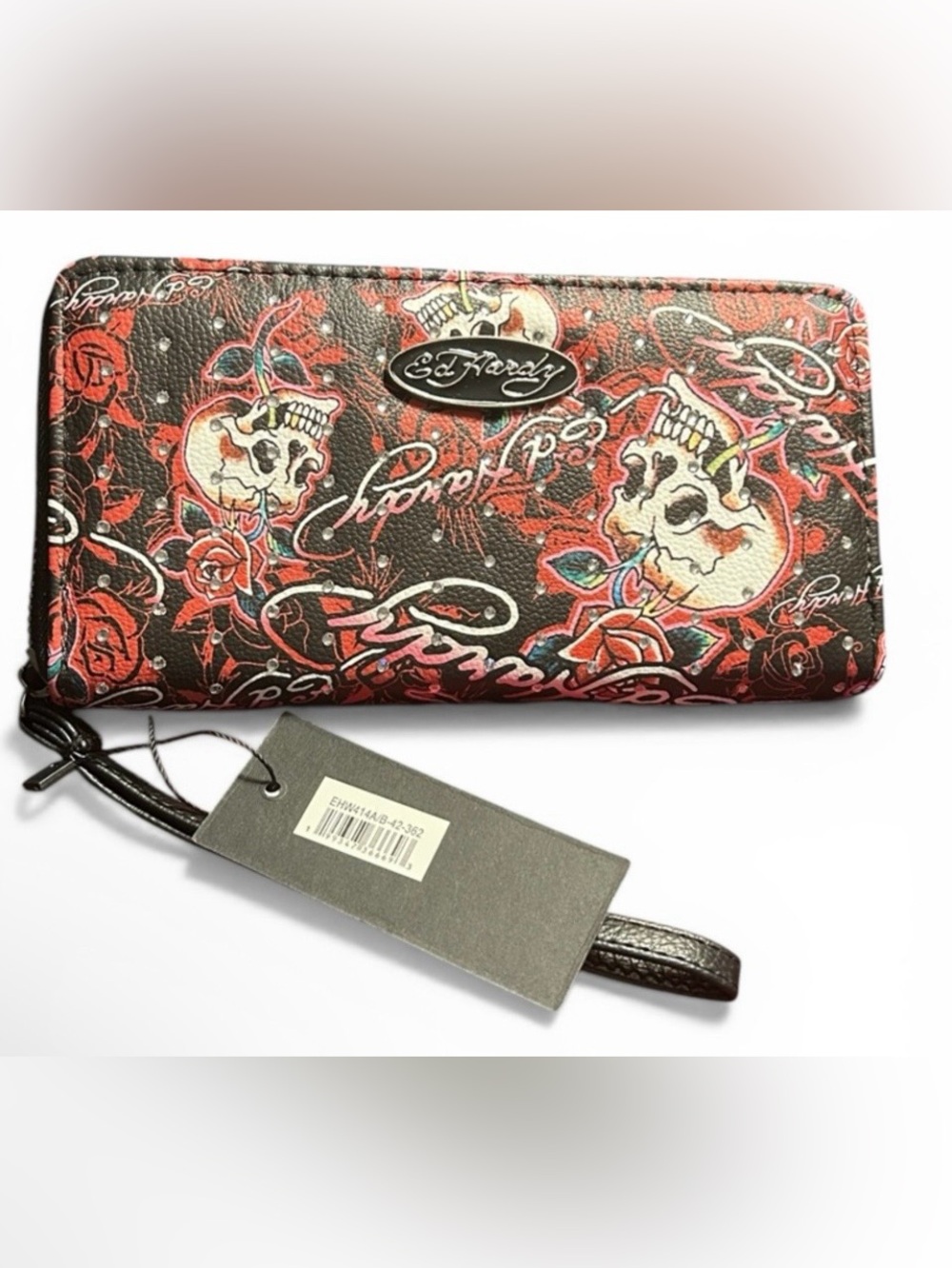 NWT Ed Hardy Black Zip Around Wallet with Pink Rose & Skull Motif